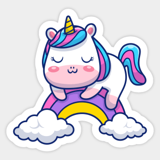 Cute Unicorn Sleeping On Rainbow Cartoon Sticker